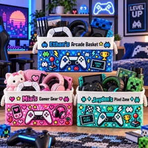 Personalized Gamer Storage Basket, Custom Name Video Game Organizer Bin, Gaming Room Decor, Kids Toy Storage, Gamer Gift for Boys Girls