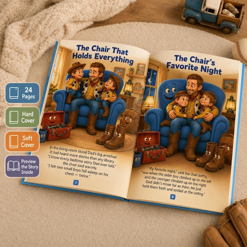 May include: An open children's storybook titled The Chair That Holds Everything and The Chair's Favorite Night. The pages feature illustrations of a father and two sons sitting on a blue armchair, with text describing their bedtime stories.