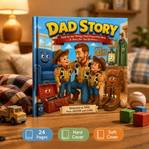 May include: A hardcover children's book titled DAD STORY, Told by the Things That Know Him Best, featuring an illustration of a father and two sons dressed as cowboys, surrounded by anthropomorphic objects like a toolbox, boots, and a backpack.