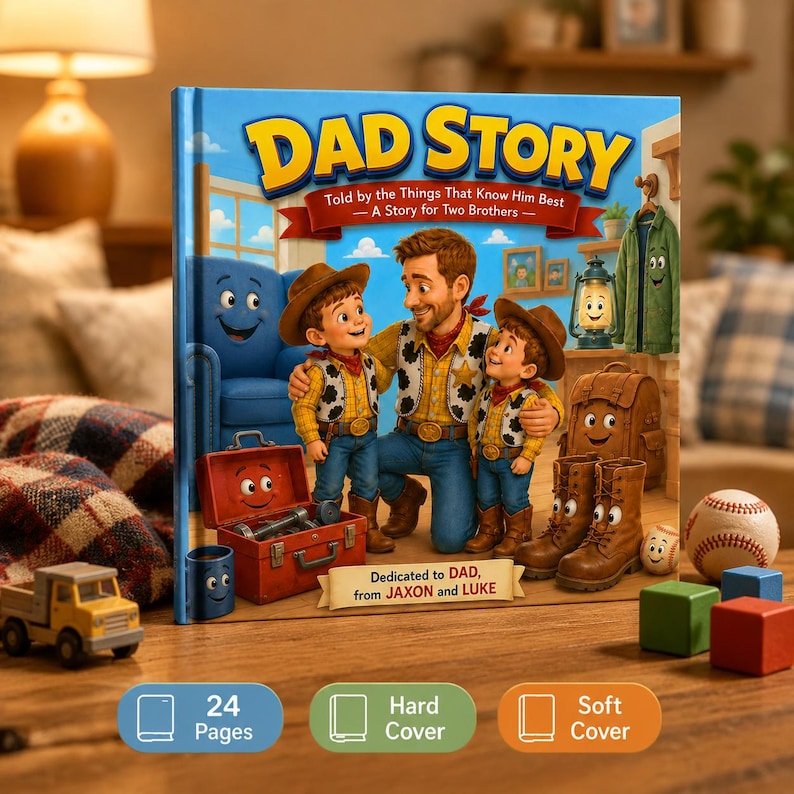 May include: A hardcover children's book titled DAD STORY, Told by the Things That Know Him Best, featuring an illustration of a father and two sons dressed as cowboys, surrounded by anthropomorphic objects like a toolbox, boots, and a backpack.