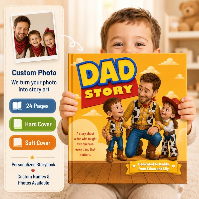 May include: A personalised hardback storybook titled DAD STORY featuring a cartoon illustration of a father and two children dressed in western-style clothing. The cover includes the text A story about a dad who taught two children everything that matters and Dedicated to Daddy, from Ethan and Lily.