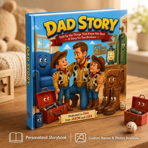 May include: A hardcover children's book titled DAD STORY, featuring an illustration of a father and two sons dressed in cowboy-inspired outfits. The cover includes a blue armchair, a red toolbox, a lantern, a backpack, and boots with faces.