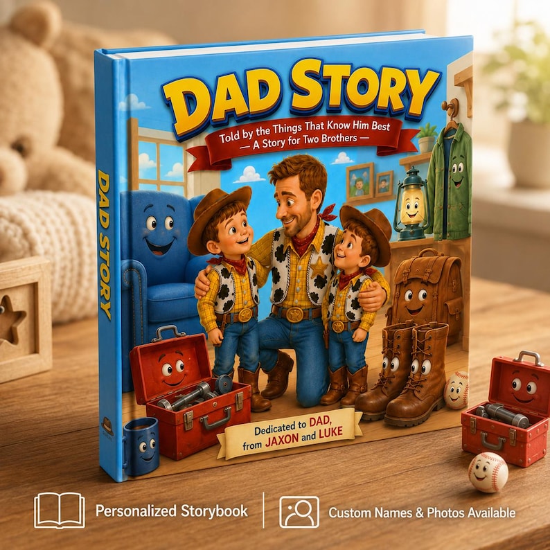 May include: A hardcover children's book titled DAD STORY, featuring an illustration of a father and two sons dressed in cowboy-inspired outfits. The cover includes a blue armchair, a red toolbox, a lantern, a backpack, and boots with faces.