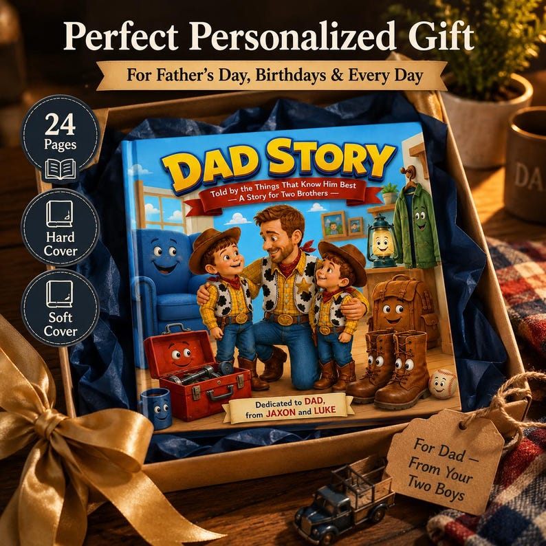 May include: A personalized children's book titled DAD STORY, featuring an illustration of a father and two sons in cowboy attire. The book cover shows a blue armchair, a red toolbox, a lantern, and boots with faces. The book is inside a gift box.