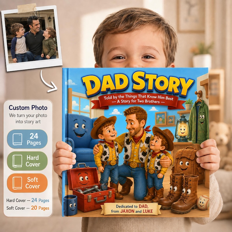 May include: A personalized children's book titled DAD STORY, featuring an illustration of a father and two sons dressed as cowboys. The cover includes the text Told by the Things That Know Him Best, A Story for Two Brothers, and Dedicated to DAD, from JAXON and LUKE.