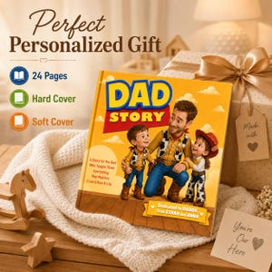 May include: A square hardback book titled DAD STORY featuring an illustration of a father and two children dressed in cowboy-themed outfits. The cover includes the text A Story for the Dad Who Taught Them Everything That Matters From Ethan & Lily.