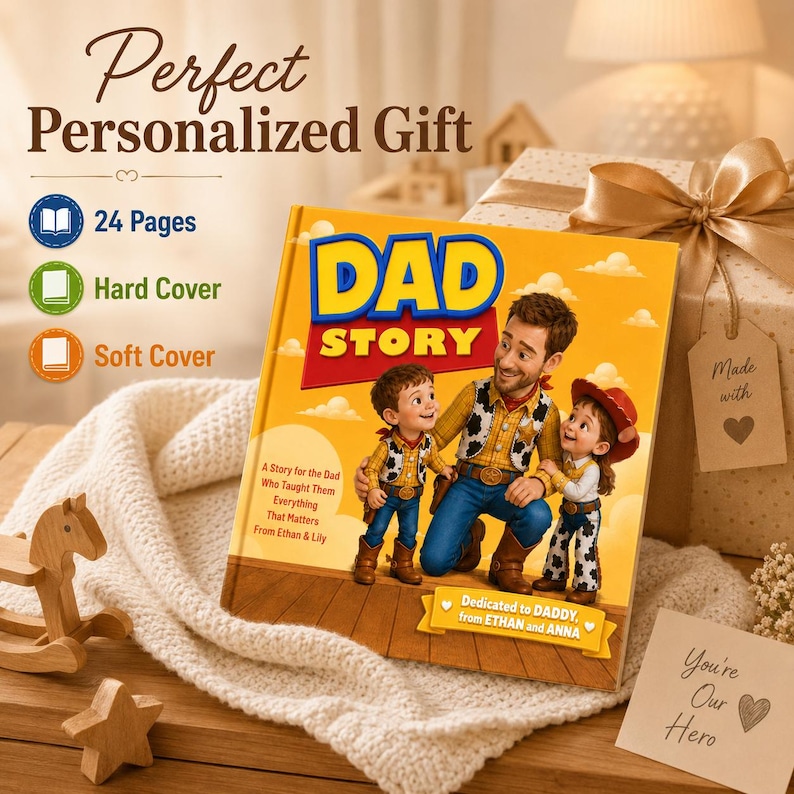May include: A square hardback book titled DAD STORY featuring an illustration of a father and two children dressed in cowboy-themed outfits. The cover includes the text A Story for the Dad Who Taught Them Everything That Matters From Ethan & Lily.