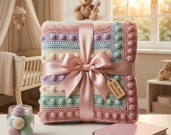 かぎ針編みのベビーブランケットの編み図｜ボブルステッチのベビー用品チュートリアル（PDFダウンロード）