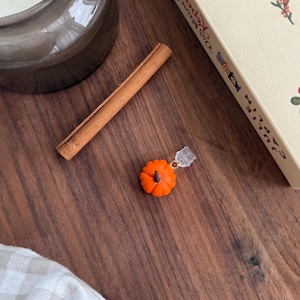 Könnte beinhalten: Ein kleiner orangefarbener Kürbis-Anhänger mit braunem Stiel und einer transparenten Kunststofföse. Der Anhänger liegt auf einer dunklen Holzoberfläche neben einer Zimtstange, einem Glaskerzenhalter und einem Buch mit dem Titel Das kleine Café in Kopenhagen.