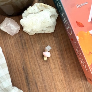 Könnte beinhalten: Ein kleiner Pilzanhänger mit einem blassrosa Hut und einem hellbeigen Stiel. Der Anhänger ist an einem durchsichtigen Kunststoffclip befestigt, der dazu dient, an einer Seite oder einem anderen dünnen Material befestigt zu werden.