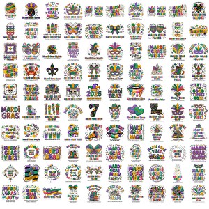以下が含まれることがあります： 紫、緑、金の鮮やかな色使いで描かれた、マルディグラをテーマにした100種類のグラフィックデザイン集。イラストには、マスク、フルール・ド・リス、王冠、ドクロ、唇、蝶、そしてMardi Grasという文字などが含まれています。