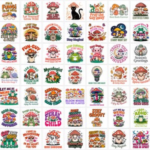 May include: A collection of forty-eight square graphic stickers featuring colorful illustrations of mushrooms, frogs, and cats, each paired with unique motivational or humorous text phrases in various fonts and vibrant color palettes.