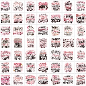 Peut inclure: Une collection de quarante-deux designs graphiques carrés présentant diverses phrases motivantes et humoristiques en typographie rose et marron foncé, incluant des citations comme Always stay kind and beautiful, Good vibes only et Shopping is my happy therapy.
