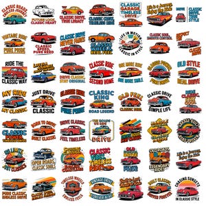 May include: A collection of forty-eight circular and rectangular graphic stickers featuring vintage cars in various colors like red, orange, blue, and yellow, accompanied by motivational text such as Classic Roads, Endless Journey, and Classic Drive.