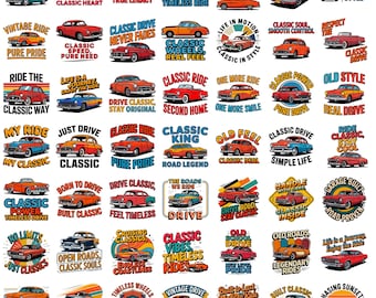 Paquete de imágenes PNG de coches clásicos / Gráficos de coches deportivos vintage, diseños automovilísticos retro, imágenes prediseñadas para amantes de los coches