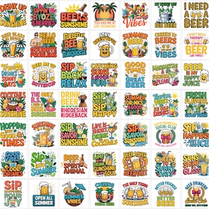 May include: A collection of forty-eight square stickers featuring colorful illustrations of beer mugs, tropical cocktails, and summer-themed text slogans like Drink Up Sunshine, Beer is My Happy Juice, and Summer Vibes, arranged in a grid pattern.