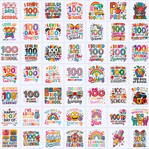 以下が含まれることがあります： 100日間の学校生活を祝う54種類のカラフルなグラフィックデザインのコレクション。各正方形には、虹、鉛筆、リンゴ、モンスター、ゲームコントローラーなどのユニークなイラストと、100 Days of Schoolなどのテキストが描かれています。