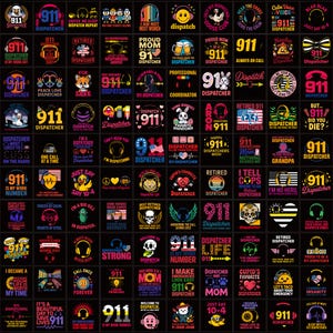 May include: A collection of 100 square graphic designs featuring 911 dispatcher themes. Each square contains unique illustrations of headsets, emergency symbols, American flags, and text slogans like 911 Dispatcher, Always On Call, and Dispatch Life.