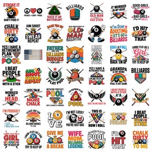 May include: A collection of fifty individual graphic designs featuring billiards and pool themes. Each square contains colorful illustrations of pool balls, cues, and racks, accompanied by various humorous slogans and text related to the game.