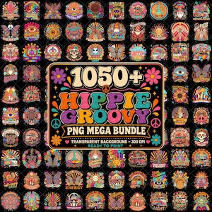 May include: A digital collection of 1050+ colourful graphic designs featuring themes of butterflies, vans, mushrooms, and peace signs with the text 1050+ HIPPIE GROOVY PNG MEGA BUNDLE TRANSPARENT BACKGROUND 300 DPI READY TO PRINT on a black background.