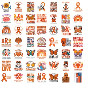 Op de afbeelding: Een verzameling ontwerpen voor bewustwording van multiple sclerose met oranje linten, vlinders, regenbogen en inspirerende teksten. De afbeeldingen bevatten diverse slogans, illustraties van kabouters, bloemen en bokshandschoenen in een levendig palet.