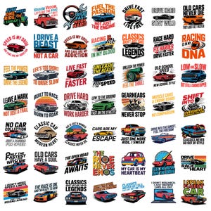 May include: A collection of forty-eight individual graphic designs featuring various cars, trucks, and automotive-themed slogans. Each square tile displays a unique illustration of a vehicle paired with bold typography and vibrant color schemes.