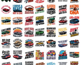 Pack d'images PNG pour passionnés d'automobile | Graphismes de véhicules classiques | Pack d'illustrations vintage de muscle cars | Designs automobiles rétro