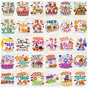Könnte beinhalten: Eine Sammlung von dreißig farbenfrohen Halloween-Grafikdesigns mit dem Text Trick or Treat. Jede Illustration zeigt verschiedene Symbole wie Geister, Kürbisse, Süßigkeiten, Fledermäuse, Monde und Sterne in einer lebendigen, retro-inspirierten Farbpalette.