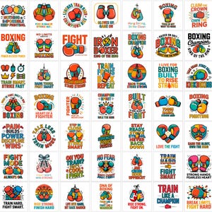 Può includere: Una collezione di quarantotto singoli design grafici quadrati con guantoni da boxe in vari colori, tra cui rosso, blu e verde acqua, abbinati a slogan motivazionali su allenamento, combattimento e pugilato, disposti in una griglia.