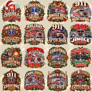 May include: A collection of sixteen circular Christmas-themed emblems featuring emergency vehicles, ambulances, fire trucks, and 911 motifs. Each design is decorated with pine branches, red bows, candy canes, and festive holiday lights.