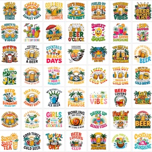 Pode incluir: Uma coleção de quarenta e dois designs gráficos coloridos com canecas de cerveja, coquetéis tropicais, palmeiras, sóis e textos com temas de praia como Beer O'Clock, Sunshine Vibes e Let's Get Tropical, dispostos em uma grade.