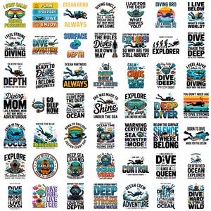 Pacchetto PNG di immersioni subacquee / Clipart di avventure subacquee, citazioni di subacquei, disegni per amanti dell'oceano / Download immediato