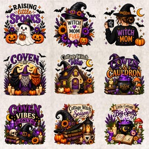 Może przedstawiać: Kolekcja dziewięciu grafik o tematyce Halloween z ilustracjami duchów, czarownic, dyń, kociołków i domków. Tekst zawiera frazy takie jak Raising Little Spooks, Witch Mom Fuel, Coven Vibes Only oraz Little Cottage Big Spells.