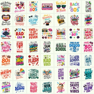May include: A collection of forty-eight square stickers featuring colorful 1980s-themed graphic designs. Each sticker displays unique illustrations including boomboxes, cassette tapes, roller skates, disco balls, and sunglasses with bold retro typography.