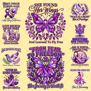 Könnte beinhalten: Eine Sammlung von lila Grafiken mit Schmetterlingen, Schleifen, Blumen und Vögeln. Der Text enthält Phrasen wie She Found Her Wings, Love Should Never Hurt, Peace Is A Right, From Fear To Freedom und Your Voice Matters.