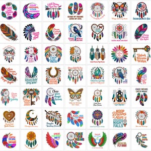 Peut inclure: Une collection de quarante-huit illustrations numériques carrées présentant des attrape-rêves, des plumes colorées, des papillons, des clés, des lanternes et des phrases inspirantes dans diverses polices, disposées en grille sur fond blanc.
