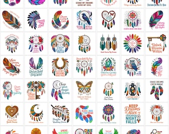 Dream Catcher PNG Bundle | Colorful Watercolor Boho Feathers | Sublimation Designs for Mugs,T-shirts