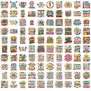 Peut inclure: Une collection de cent autocollants colorés présentant des phrases de motivation et des illustrations sur le thème de l'école comme des crayons, des livres, des trophées et des étoiles. Chaque autocollant affiche un texte unique.