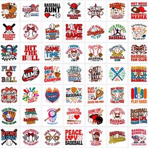 May include: A collection of forty-eight individual baseball-themed graphic designs featuring various illustrations of baseballs, bats, gloves, and text slogans such as Game On, Baseball Mama, Hit The Ball, and Play Hard, rendered in vibrant colors.