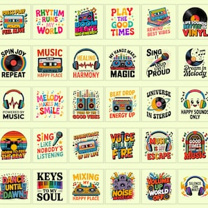 May include: A collection of thirty square stickers featuring colorful music-themed illustrations and typography. Designs include cassette tapes, vinyl records, headphones, microphones, boomboxes, and speakers with phrases like Press Play, Rhythm Runs My World, and Music Is My Escape.