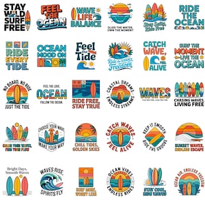Surfing PNG Bundle | Summer Beach Vibes, Surfboard Clipart, Ocean Quotes, Retro Designs