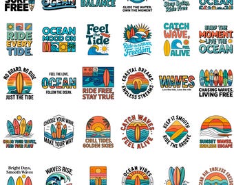 Pacchetto PNG di surf / Atmosfera estiva da spiaggia, clipart di tavole da surf, citazioni sull'oceano, design retrò