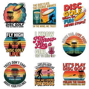 Op de afbeelding: Een verzameling van negen ronde grafische ontwerpen met discgolf-thema's, inclusief illustraties van manden, vliegende schijven, silhouetten van spelers en Bigfoot, met tekstslogans zoals Disc Golf The Ultimate Game en Fly High.