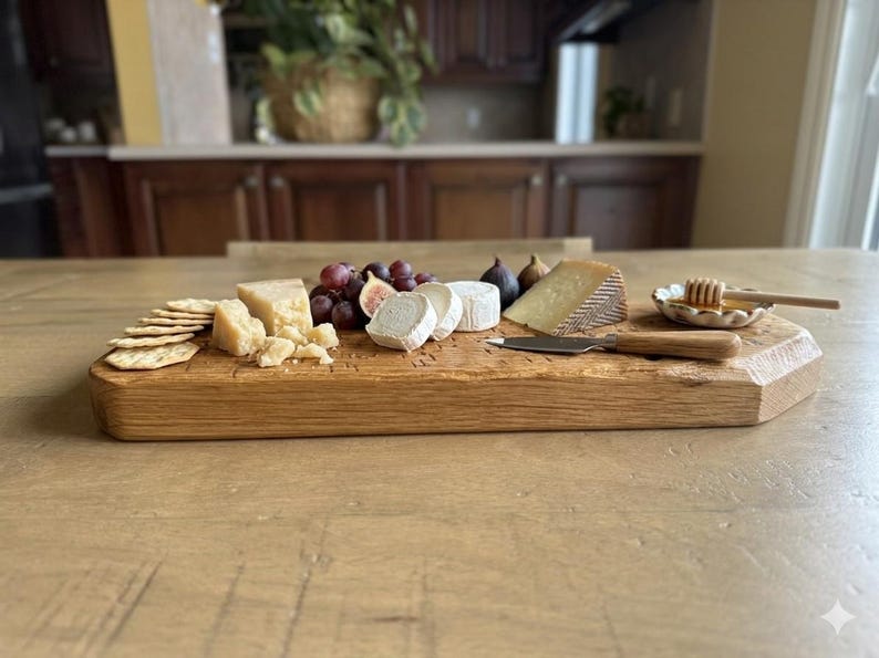 May include: A rectangular wooden serving board featuring a selection of crackers, various cheeses, red grapes, and figs. A small ceramic dish holds honey with a wooden dipper, and a cheese knife with a wooden handle rests on the board surface.