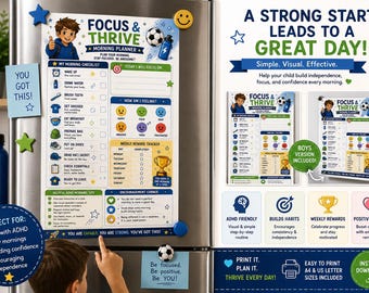 Tabella per la routine mattutina "Concentrati e prospera" per bambini / Agenda con lista di controllo visiva (download digitale)