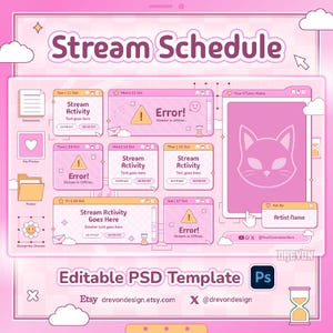 Pode incluir: Um modelo digital de cronograma de streaming em rosa com várias janelas contendo texto como Stream Activity e Error! Stream is offline. O design inclui um ícone de gato, ampulhetas e ícones de pasta. Texto inclui Editable PSD Template.