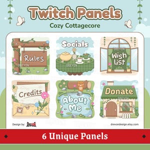 May include: A set of six Twitch panels with a cozy cottagecore theme. Each panel features unique illustrations, including "Rules," "Socials," "Wish List," "Credits," "About Me," and "Donate." The design includes butterflies, flowers, and a wooden sign.