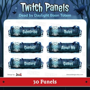Może przedstawiać: Zestaw 30 paneli Twitch z motywem Dead by Daylight Boon Totem. Każdy panel ma ciemnoniebieskie tło z motywem czaszki i kruka. Panele zawierają tekst, taki jak "Subskrybuj", "Zasady", "Kontakt", "O mnie", "Discord" i "Gry".