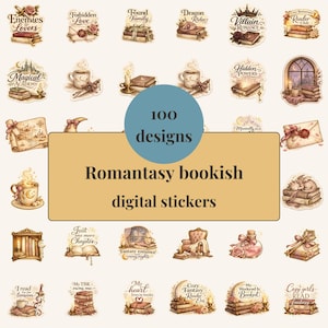 Könnte beinhalten: Eine Sammlung von 100 digitalen Aufklebern mit einem romantasy-buchigen Thema. Die Aufkleber zeigen Illustrationen von Büchern, Teetassen und dekorativen Elementen. Der Text enthält Sätze wie "Found Family" und "Reader Club".