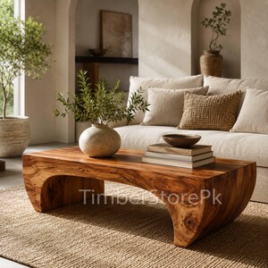 Solid Wood Coffee Table, Sculptural Arch Center Table for Living Room, Handcrafted Waterfall Low Table with Modern U-Shape Bridge Legs